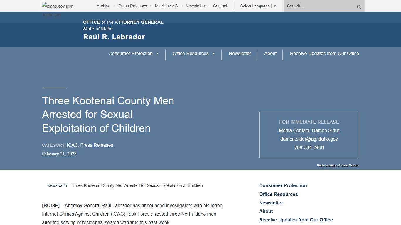 Three Kootenai County Men Arrested for Sexual Exploitation of Children - Idaho Office of Attorney General